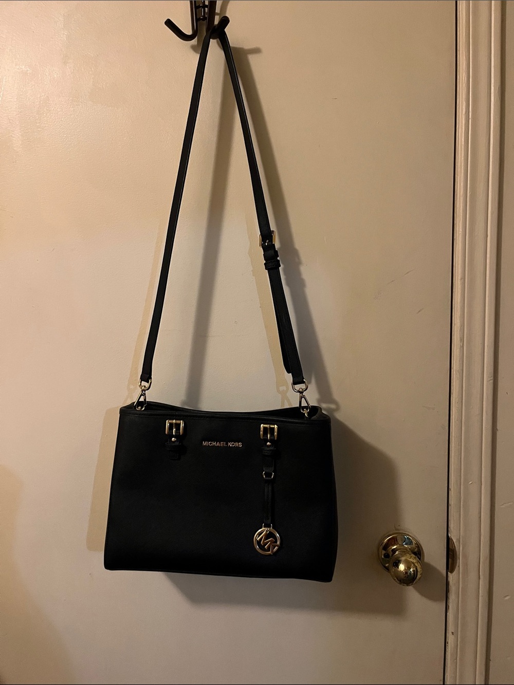 Michael Kors Black Leather Shoulder Crossbody Bag with Gold Hardware